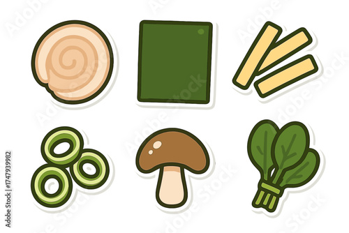 Fresh sushi ingredients set including nori seaweed, mushroom, cucumber, and rolled fish cake