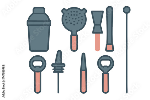 Collection of essential bar tools including cocktail shaker, strainer, muddler, and mixing accessories