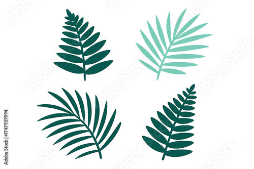 Stylized tropical palm and fern leaves collection in various shades of green