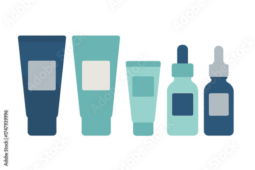 Assortment of blank cosmetic packaging containers including cream tubes and serum dropper bottles
