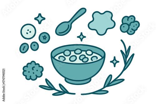Stylized healthy breakfast composition with cereal bowl, fresh berries, and spoon