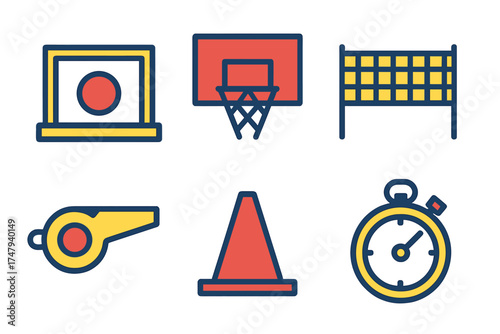 Collection of sports equipment icons including basketball hoop, whistle, and scoreboard