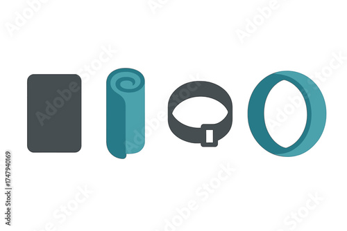Minimalist set of yoga and fitness accessories including mat, rolled towel, strap, and ring