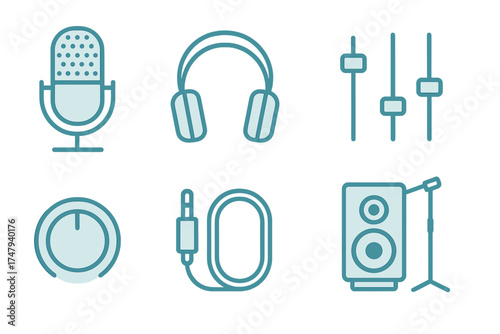 Essential audio production equipment set including microphone, headphones, and sound mixer controls