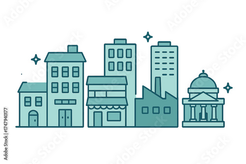 Teal colored urban skyline featuring residential buildings, commercial storefronts, corporate towers, and a classical government structure