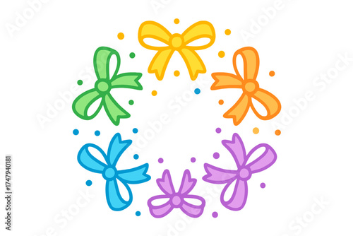 Festive circular arrangement of vibrant ribbon bows and scattered confetti elements