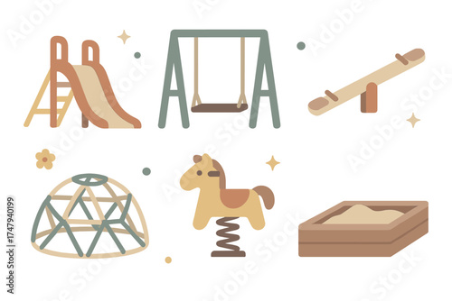 Minimalist set of outdoor playground equipment including swing, slide, seesaw, and sandbox elements
