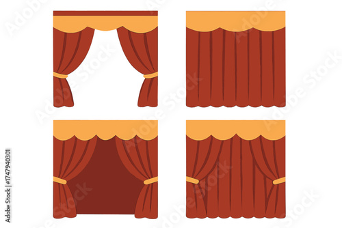 Luxurious red velvet stage curtains with golden valance in four different configurations