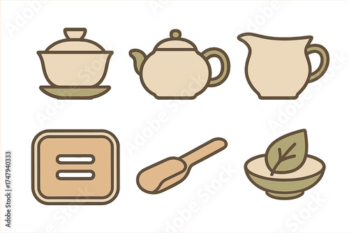 Traditional set of tea ceremony utensils including teapot gaiwan pitcher scoop and bowl