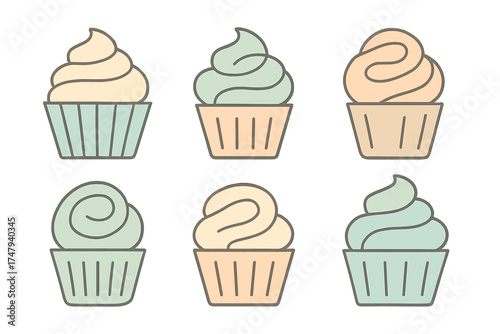 Seamless pattern of six pastel cupcakes with frosting in different colors and swirls