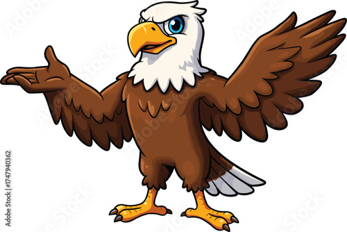 Cartoon bald eagle mascot spreading wings, strong and proud bird illustration, American national symbol character, wildlife animal vector for logo and education design