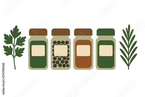 Row of four kitchen spice containers filled with dried seasonings and fresh aromatic herbs
