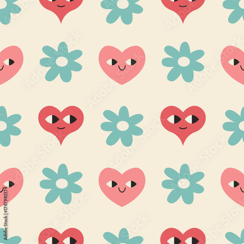 Colorful Heart and Flower Seamless Pattern Vector Illustration.