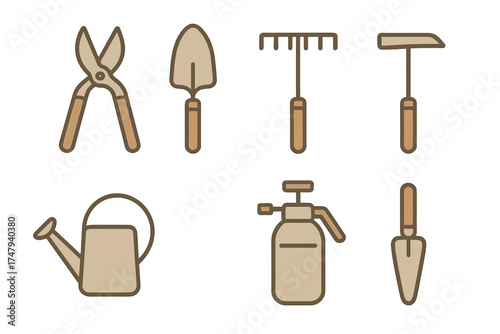 Set of essential gardening tools including rake, trowel, pruners, and watering can
