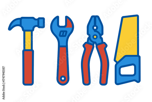 Essential Tools Set featuring Hammer, Wrench, Pliers, and Saw for Repair and Construction Work