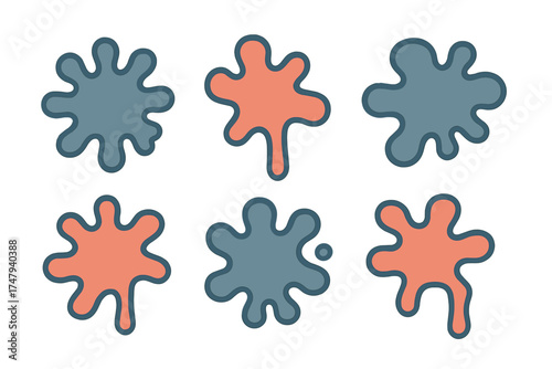 Six abstract paint splatters set in muted colors with dark outlines on a white background