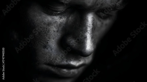 Striking black and white close up portrait of a human face dramatic lighting intense detail conveying deep introspection and emotion