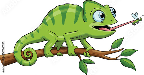  Cartoon green chameleon catching insect with tongue, cute reptile animal sitting on tree branch, wildlife jungle lizard vector illustration for education design