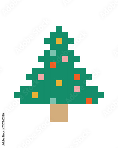 Pixel Art Christmas Tree with Colorful Ornaments. Bright and minimalistic design perfect for holiday themed digital creations