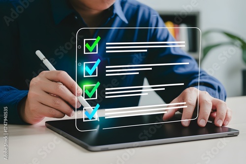 Close-up of a person's hands interacting with a digital tablet interface