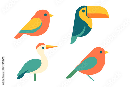 Four colorful stylized tropical birds including a toucan and wading bird rendered in flat graphic design