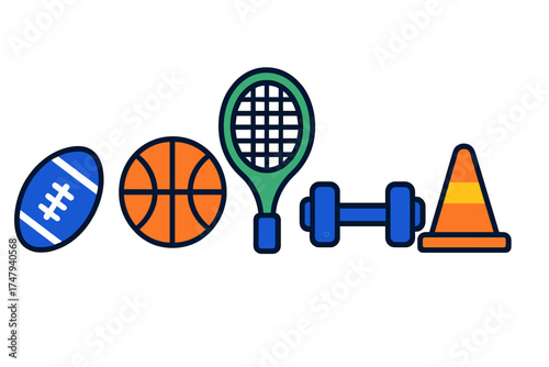 Colorful sports and fitness equipment including balls, racket, dumbbell, and training cone