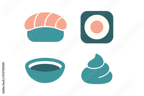 Minimalist set of four Japanese sushi items: nigiri, maki roll, soy sauce, and wasabi paste