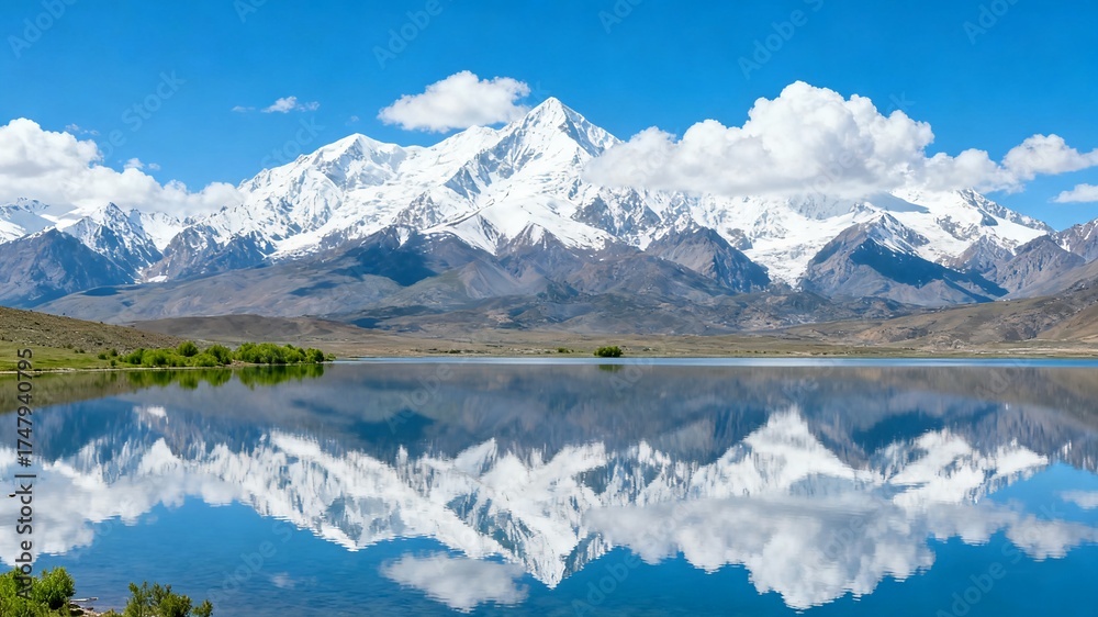 Fototapeta premium Majestic Snowy Mountain Range Reflected on Crystal Clear Alpine Lake