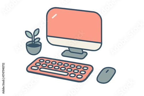 Minimalist desktop computer setup with monitor keyboard mouse and small potted plant