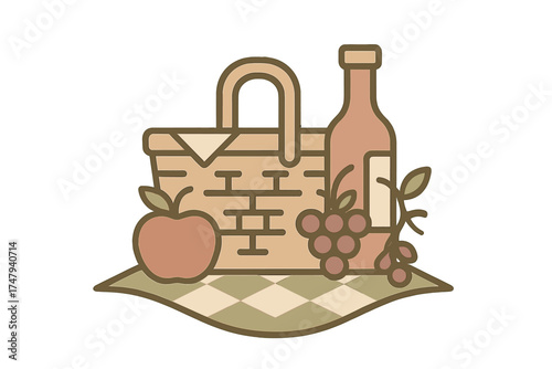 Traditional picnic basket filled with wine bottle, fresh apple, and grapes on a checkered blanket