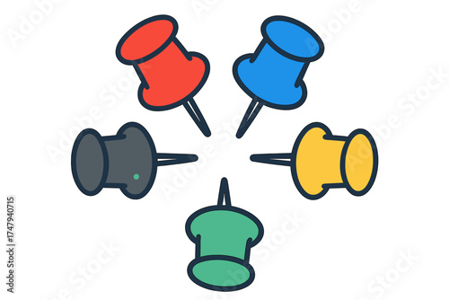 Five brightly colored pushpins arranged radially pointing toward the center on a clean white background
