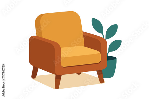 Comfortable modern armchair with yellow cushion and brown frame next to a potted houseplant
