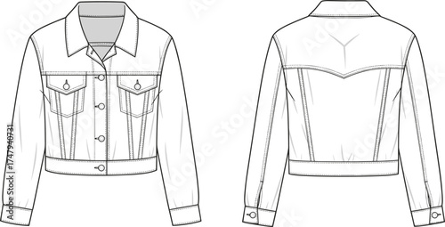 Technical fashion illustration of classic denim jacket front and back views with flap pockets, button closure, pointed collar, and seam details