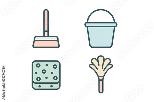 Set of essential household cleaning tools including broom, water bucket, scrubbing sponge, and feather duster