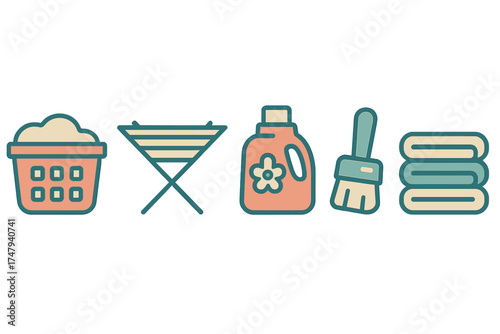 Essential laundry and cleaning supplies set including basket drying rack detergent and brush