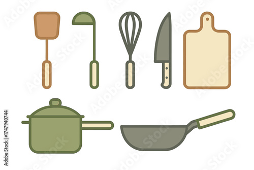 Essential kitchen utensils and cookware set including pot, pan, knife, and cutting board