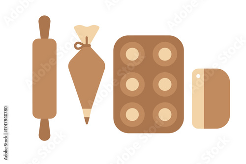 Collection of essential baking tools including rolling pin, piping bag, and muffin tray