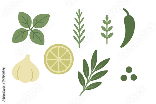 Assortment of fresh culinary ingredients including basil rosemary garlic and lime
