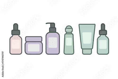 Collection of various pastel colored cosmetic and skincare product containers for beauty routine