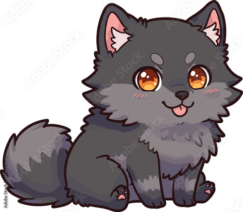  Cute cartoon black fluffy puppy sitting and smiling, adorable dog illustration, kawaii pet animal vector, happy little dog character design for kids