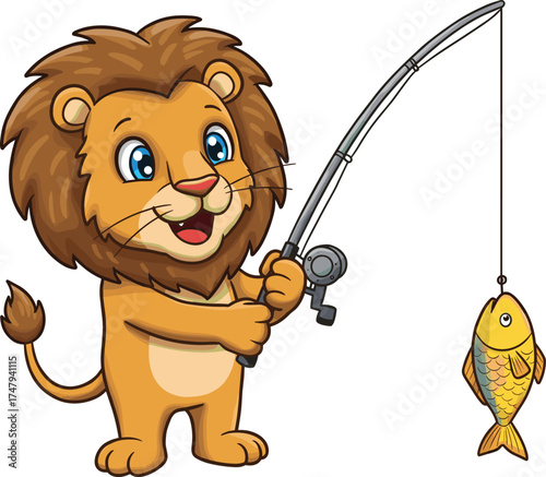  Cute cartoon lion holding fishing rod with caught fish, funny animal illustration, wildlife character design for kids, education, or adventure concept