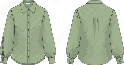 Technical fashion illustration of long sleeve blouse front and back views with collar, buttons, pleats for apparel design vector