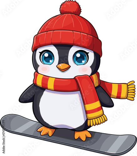  Cute penguin wearing red hat and scarf standing on snowboard, adorable winter animal cartoon character illustration for Christmas, holiday, and kids design vector