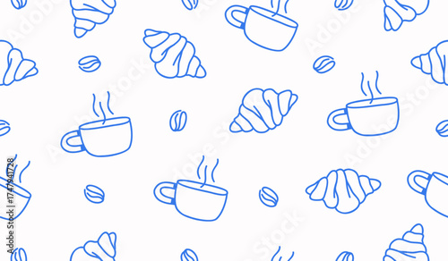 Cute croissant and coffee pattern background vector design