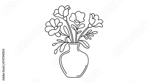Simple hand drawn outline sketch of a bouquet of flowers in a vase