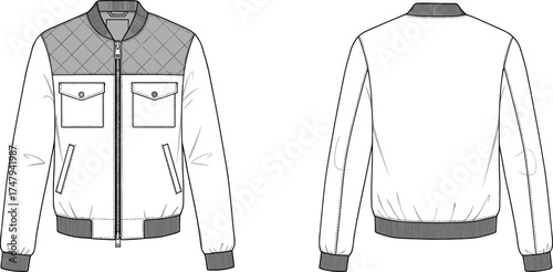 Technical fashion illustration of men’s quilted jacket front and back views with zipper, flap pockets, ribbed cuffs for apparel design