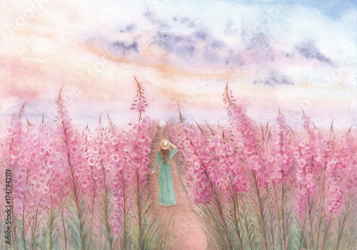 Floral landscape young woman in hat long emerald dress walks in a flower field pink tall flowers beautiful evening sunset Bright juicy landscape Watercolor painting