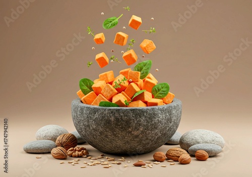 Rustic stone bowl filled with cubed orange sweet potatoes and green leafy vegetables — studio shot with warm lighting, natural ingredients, and modern clean food composition emphasizing health and nut
