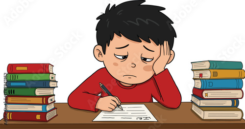  Tired student boy studying with books, exhausted child doing homework at desk, education stress and learning concept vector illustration for school design