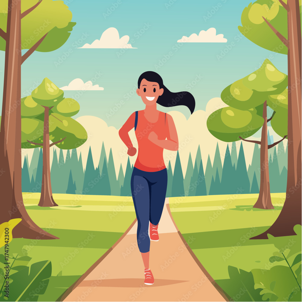 Fototapeta premium young adult woman runs through the forest on a natural path